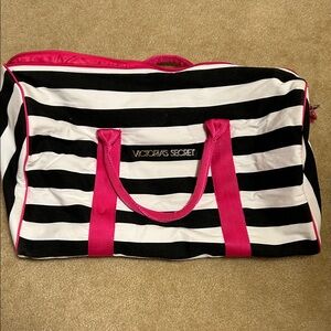 Victoria's Secret Black and White Striped Travel Bag with Pink Accents
